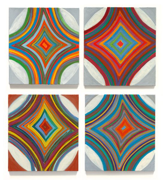 Fallen Ginkgo Leaves Shaped Like Fans, 2022, oil and alkyd resin on linen. Polyptych, 46 x 42 in.